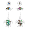 Whimsical Set Of 3 Silver Tone Sea Turtles With Natural Abalone Shell Earrings