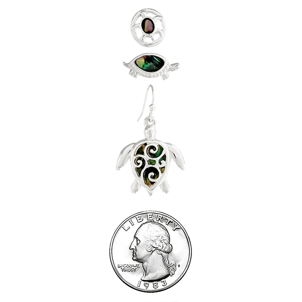 Whimsical Set Of 3 Silver Tone Sea Turtles With Natural Abalone Shell Earrings