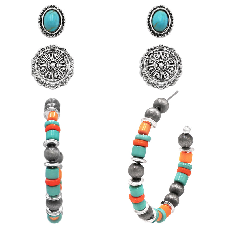 Cowgirl Fun Set of 3 Pairs Western Style Natural Howlite Stone Post Back Earrings (Multicolored Hoops And Conchos Turquoise Howlite)