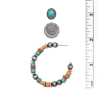 Cowgirl Fun Set of 3 Pairs Western Style Natural Howlite Stone Post Back Earrings (Multicolored Hoops And Conchos Turquoise Howlite)