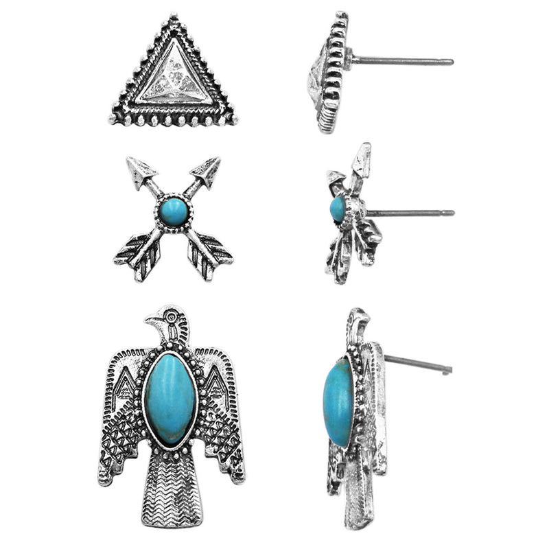 Cowgirl Fun Set of 3 Pairs Western Style Natural Howlite Stone Post Back Earrings (Thunderbird And Arrow Turquoise Howlite)