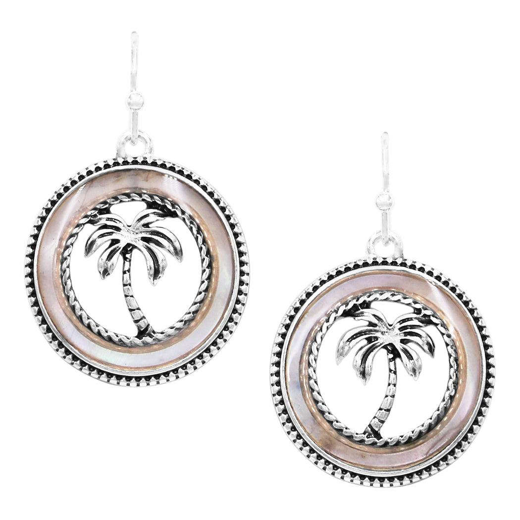 Silver Tone Whimsical Natural Shell Tropical Beach Themed Dangle Earrings, 1.37" (Palm Tree Mother Of Pearl)