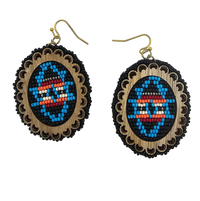 Unique Western Style Wooden Framed Colorful Aztec Print Seed Bead Dangle Earrings, 2.75"