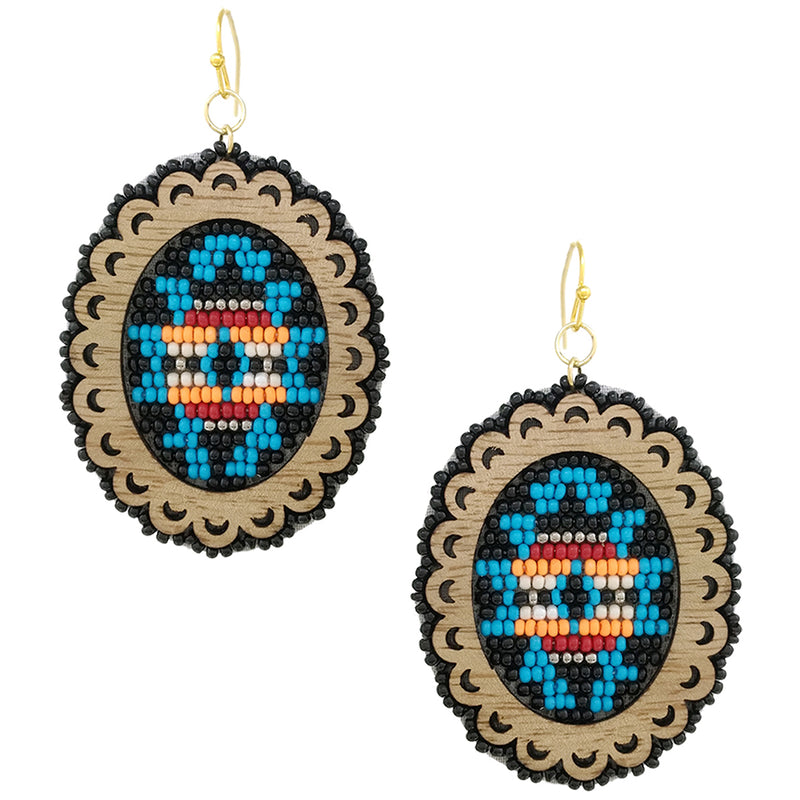 Unique Western Style Wooden Framed Colorful Aztec Print Seed Bead Dangle Earrings, 2.75"
