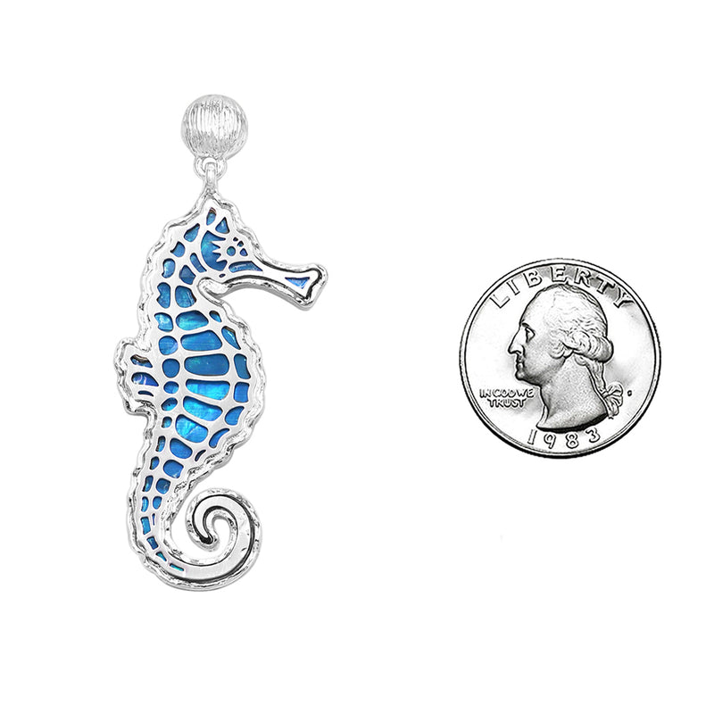 Whimsical Sea Creatures Colorful Natural Shell Statement Hypoallergenic Post Back Dangle Earrings (2.37, Seahorse Blue)