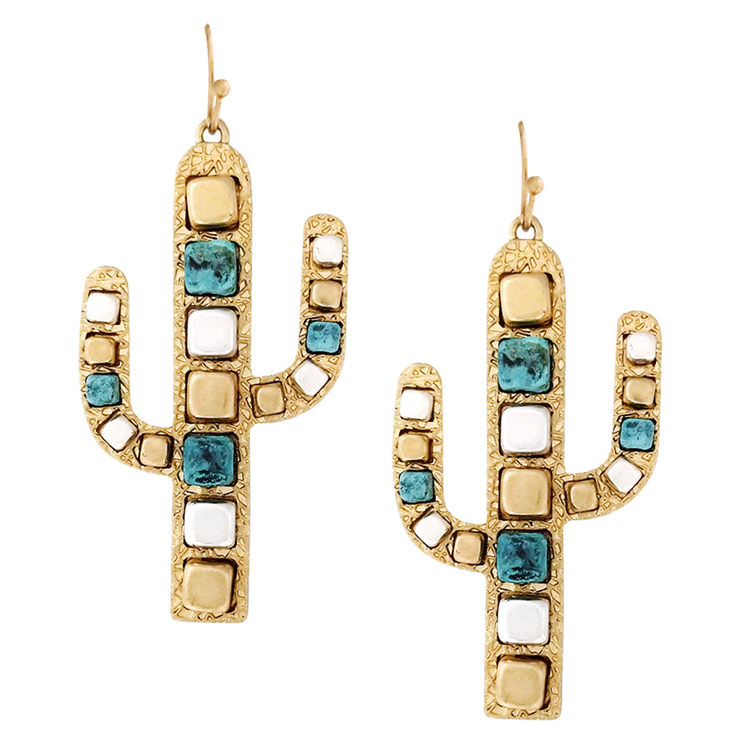 Cowgirl Glam Gold Tone Nugget With Howlite Stone Statement Western Cactus Earrings, 2.5