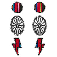 Cowgirl Fun Set of 3 Pairs Colorful Western Style Serape Stripe Vegan Leather Post Back Earrings