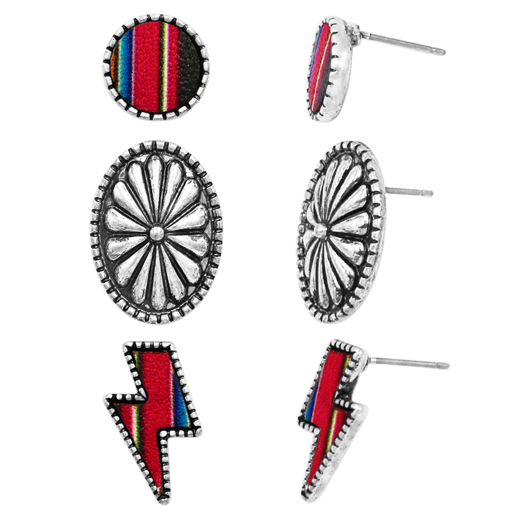 Cowgirl Fun Set of 3 Pairs Colorful Western Style Serape Stripe Vegan Leather Post Back Earrings