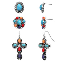Cowgirl Fun Set of 3 Pairs Western Style Natural Howlite Stone Post Back Earrings (Multicolored Howlite Dangle Cross And Conchos)