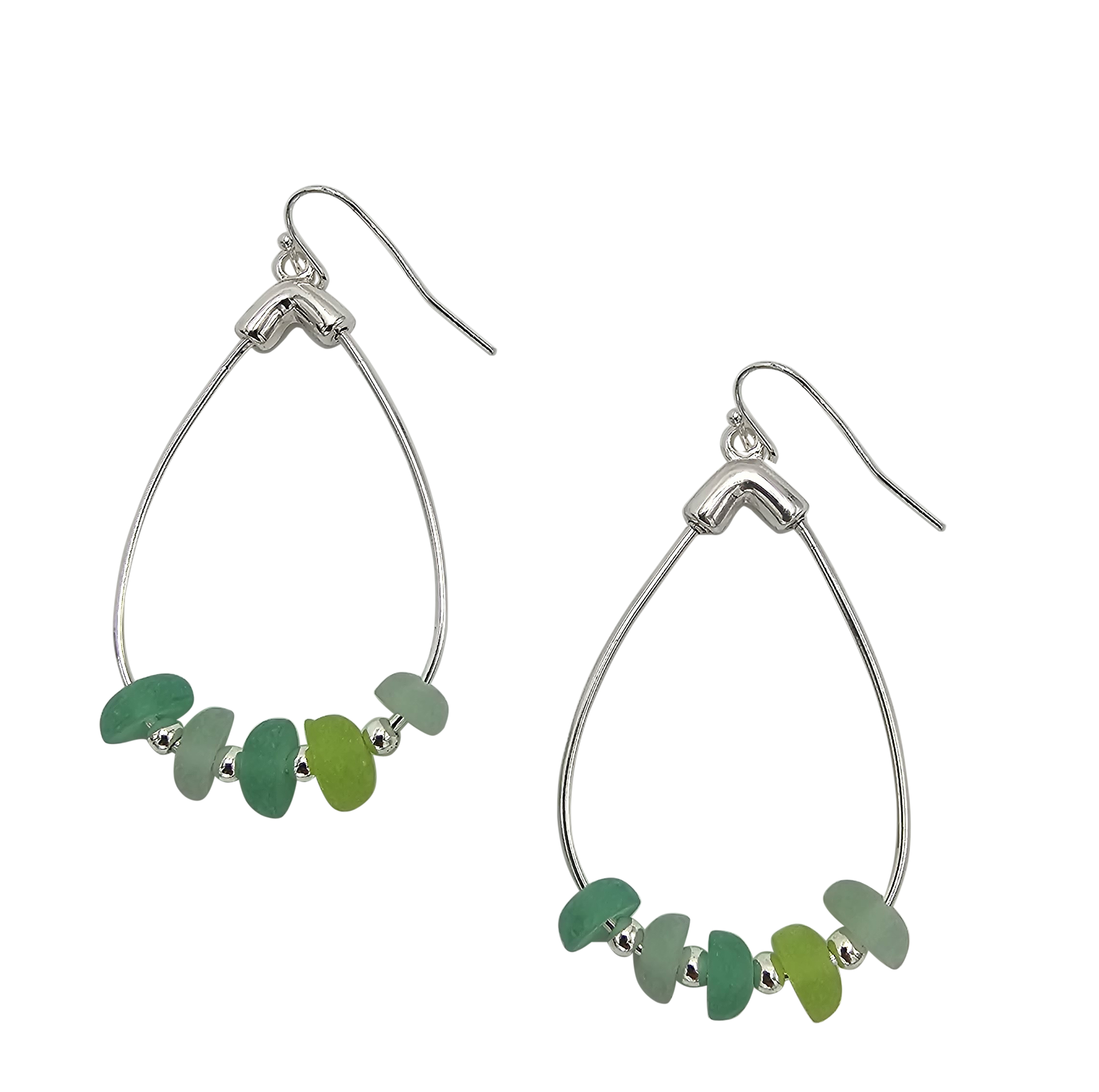 Stunning Natural Sea Glass Shades Of Green Beads On Silver Tone Hoop Earrings, 2.25"