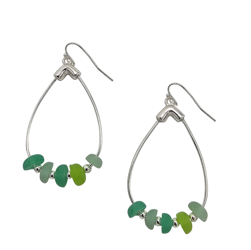Stunning Natural Sea Glass Shades Of Green Beads On Silver Tone Hoop Earrings, 2.25"