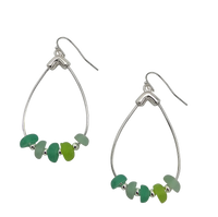 Stunning Natural Sea Glass Shades Of Green Beads On Silver Tone Hoop Earrings, 2.25"