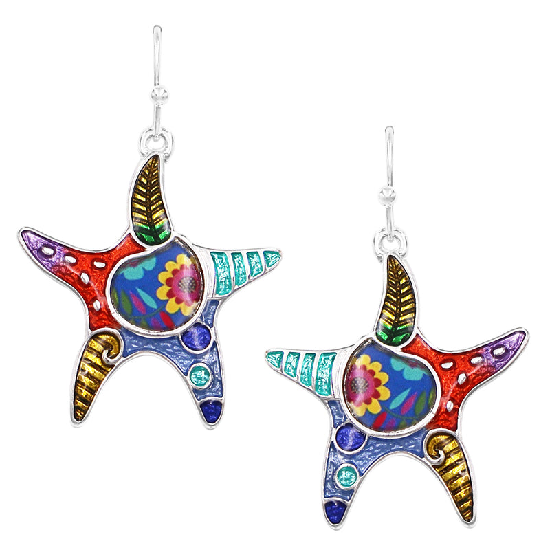 Whimsical Starfish With Colorful Enamel Mosaic Dangle Silver Tone Earrings, 1.5"