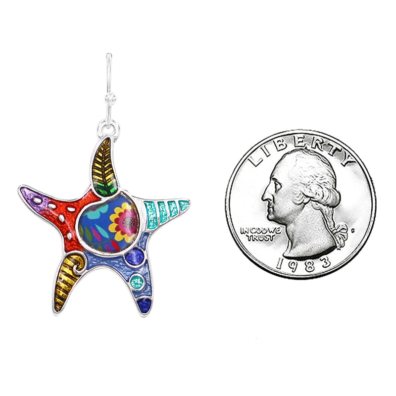 Whimsical Starfish With Colorful Enamel Mosaic Dangle Silver Tone Earrings, 1.5"