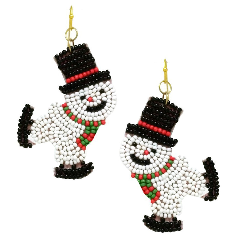 Christmas Holiday Fun And Festive Decorative Wintertime Snowman Seed Bead Dangle Earrings (2.75, Black Skates And Top Hat)