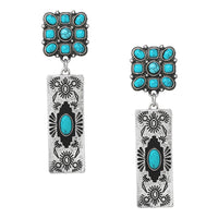 Vintage Western Style Decorative Burnished Silver Tone Bar With Natural Turquoise Natural Howlite Stone Dangle Post Back Earrings, 2.25