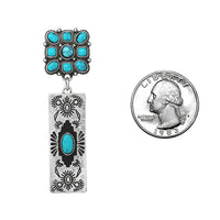 Vintage Western Style Decorative Burnished Silver Tone Bar With Natural Turquoise Natural Howlite Stone Dangle Post Back Earrings, 2.25