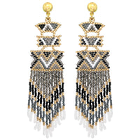 Long Statement Peyote Stitch Seed Bead With Fringe Gold Tone Post Back Earrings, 4.5"