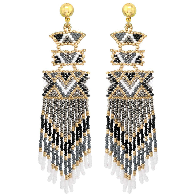 Long Statement Peyote Stitch Seed Bead With Fringe Gold Tone Post Back Earrings, 4.5"