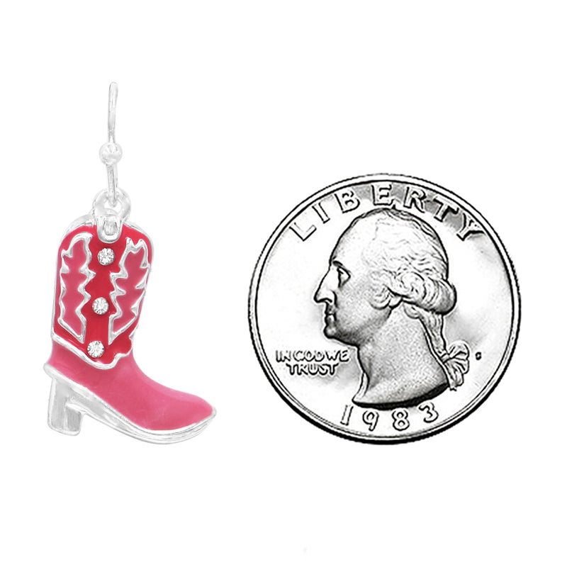 Cowgirl Chic Unique Burnished Silver Tone With Enamel And Crystal Textured Western Cowboy Boots Dangle Earrings (3D Pink With Clear Crystal, 1.25")