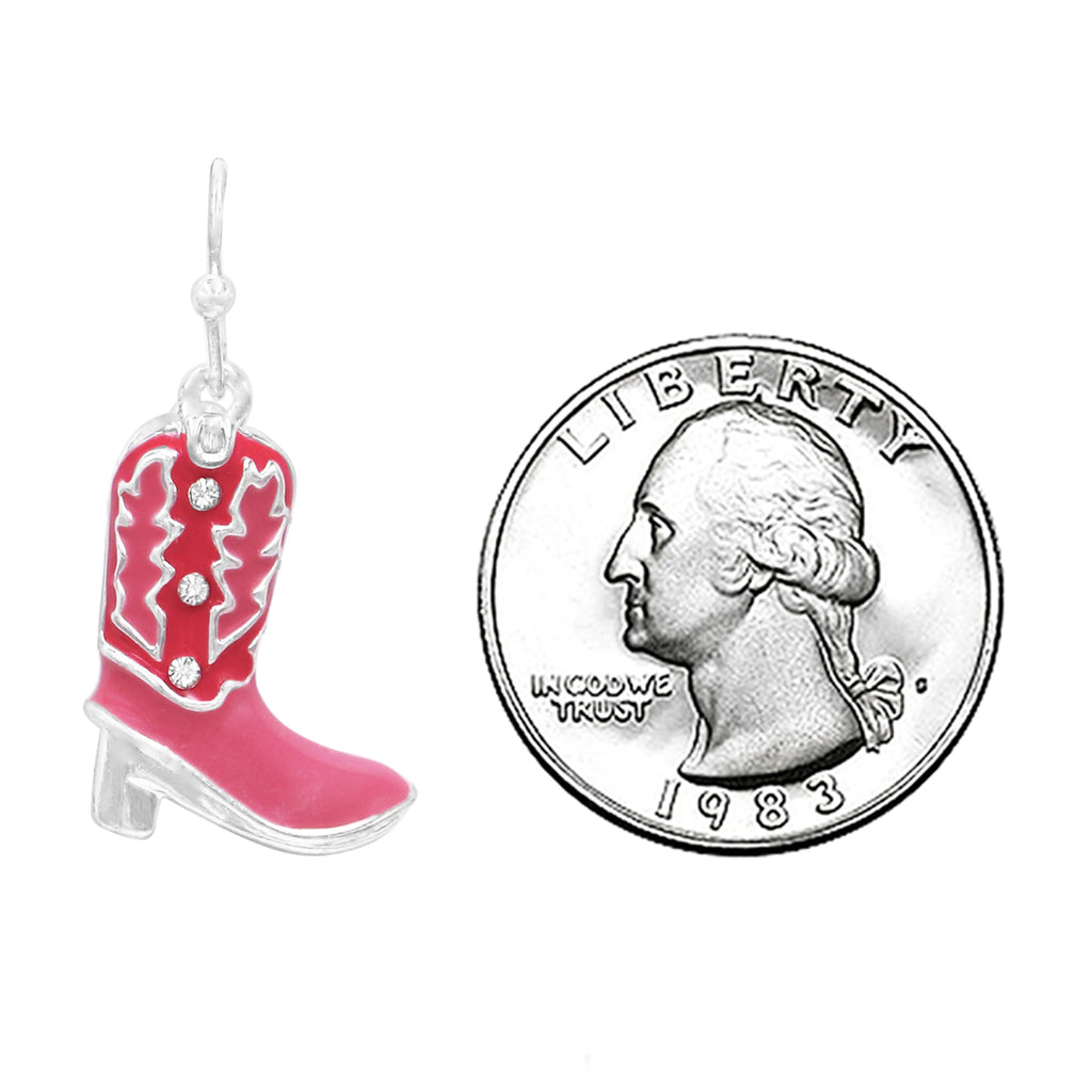 Cowgirl Chic Unique Burnished Silver Tone With Enamel And Crystal Textured Western Cowboy Boots Dangle Earrings (3D Pink With Clear Crystal, 1.25")