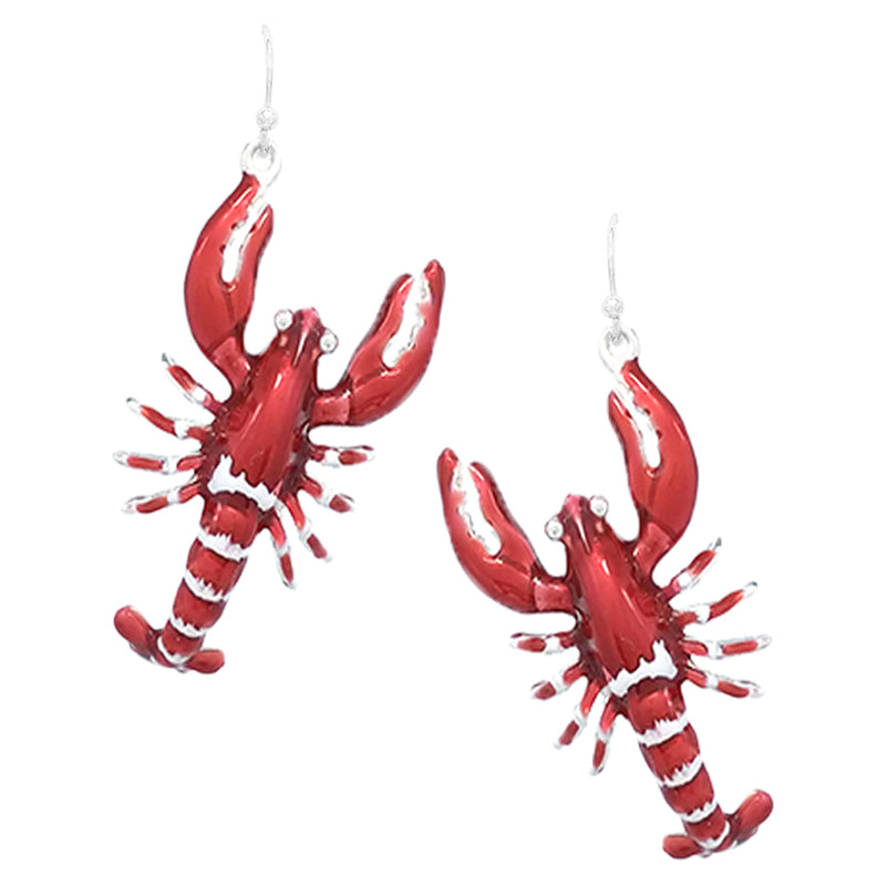 Sea Creatures Unique Mardi Gras Decorative 3D Enamel Dangling Lobster Silver Tone Earrings, 2.12"