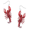 Unique Mardi Gras Decorative 3D Enamel Dangling Lobster Silver Tone Earrings, 2.12"