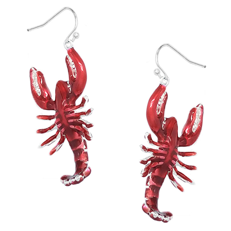 Sea Creatures Unique Mardi Gras Decorative 3D Enamel Dangling Lobster Silver Tone Earrings, 2.12"