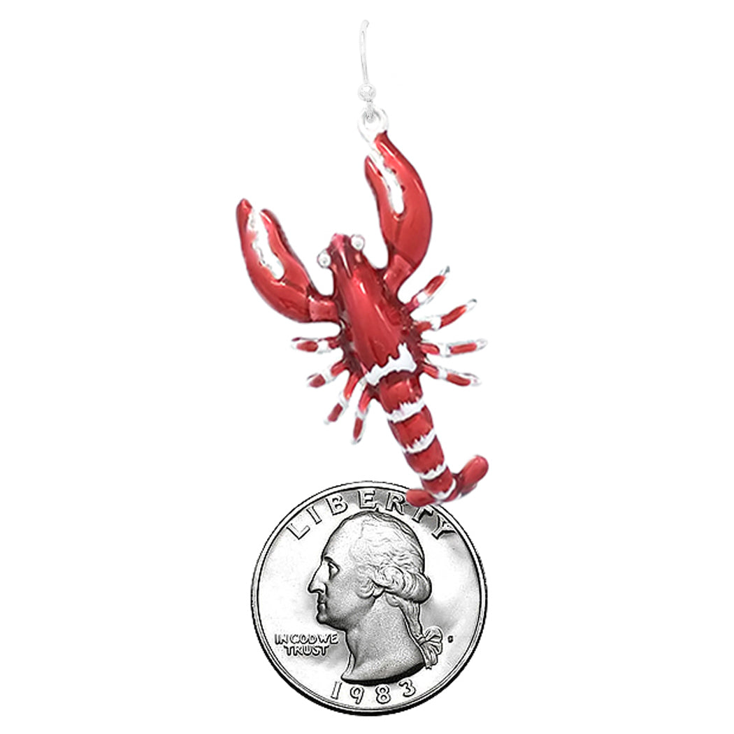Unique Mardi Gras Decorative 3D Enamel Dangling Lobster Silver Tone Earrings, 2.12"