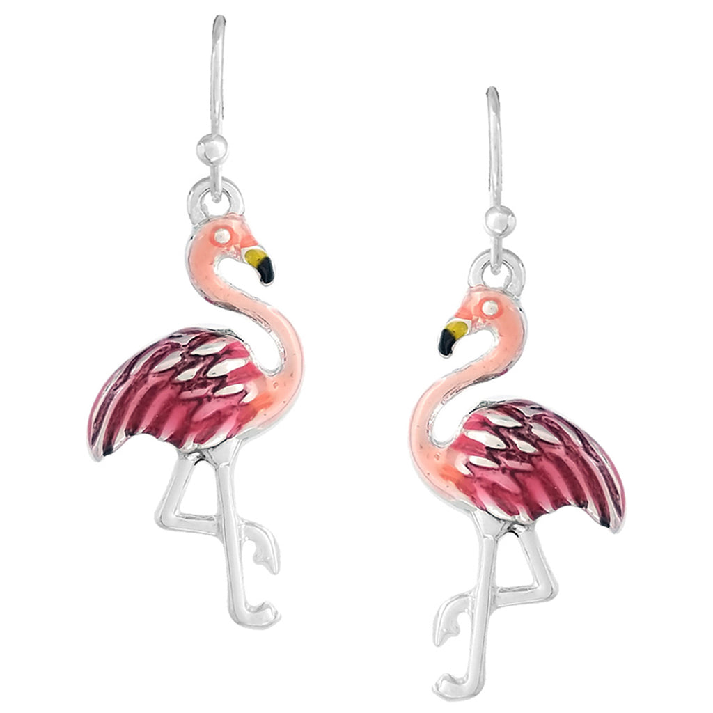 Whimsical 3D Pink Flamingo Enamel On Silver Tone Dangle Earrings, 1.5"