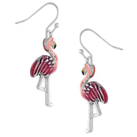 Whimsical 3D Pink Flamingo Enamel On Silver Tone Dangle Earrings, 1.5"