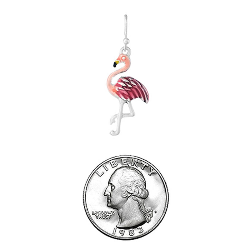 Whimsical 3D Pink Flamingo Enamel On Silver Tone Dangle Earrings, 1.5"