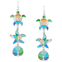 Unique Stained Glass Ocean Creatures Turtle Starfish Sea Shell Silver Tone Dangle Earrings, 2.75"