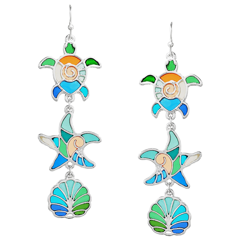 Unique Stained Glass Ocean Creatures Turtle Starfish Sea Shell Silver Tone Dangle Earrings, 2.75"