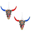 Whimsical Steer Head With Colorful Enamel Western Print Dangle Silver Tone Earrings, 1.25"