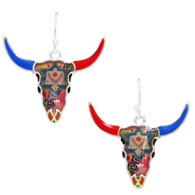 Whimsical Steer Head With Colorful Enamel Western Print Dangle Silver Tone Earrings, 1.25"