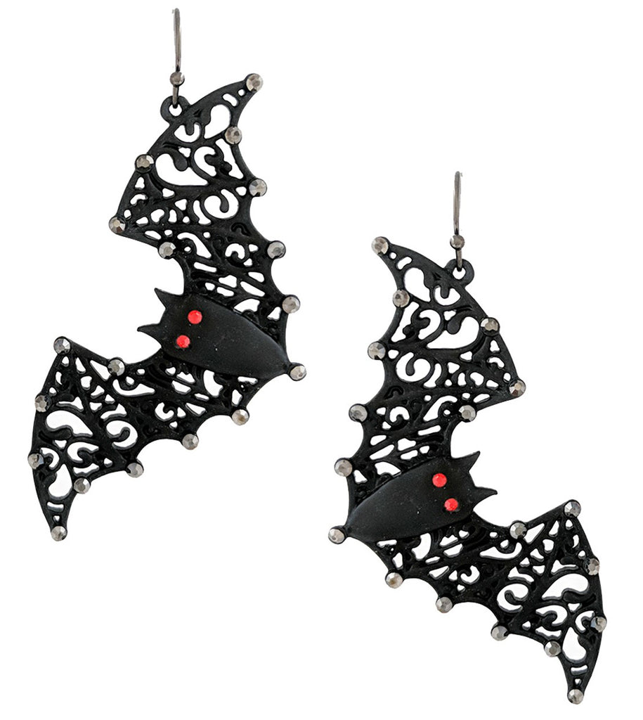 Women's Black Bats With Red Crystal Eye Detail Spooktacularly Fun Halloween Earrings, 2.5"