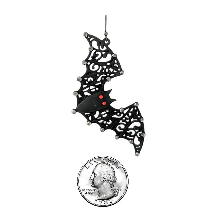Women's Black Bats With Red Crystal Eye Detail Spooktacularly Fun Halloween Earrings, 2.5"