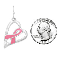 Women's Breast Cancer Awareness Jewelry Pink Ribbon On Heart Filigree Earrings (Open Polished Silver Tone)