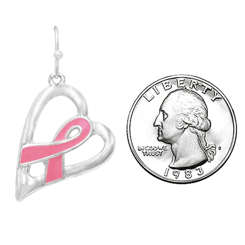 Women's Breast Cancer Awareness Jewelry Pink Ribbon On Heart Filigree Earrings (Open Polished Silver Tone)