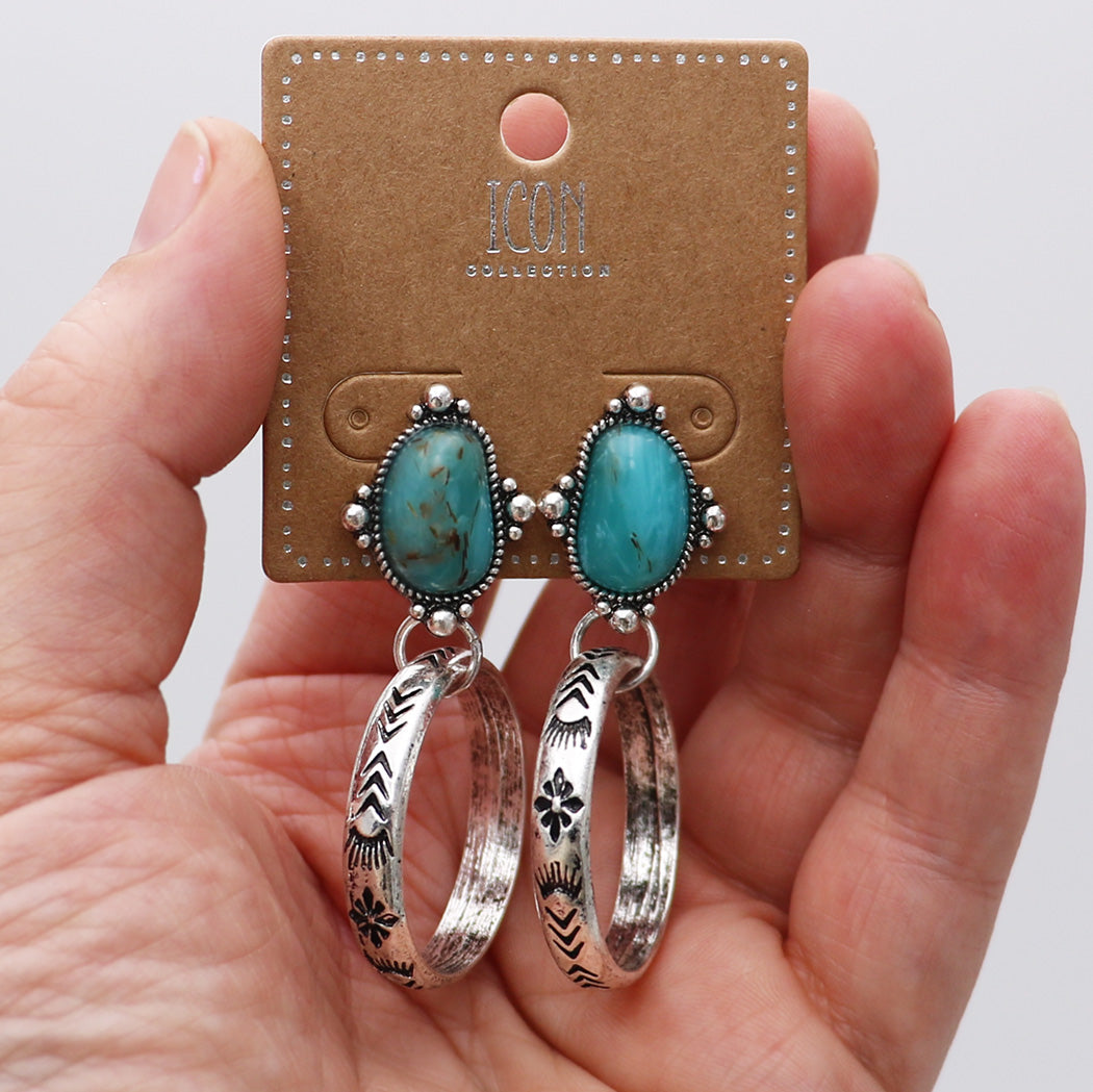 Western Fashion Hoop Earrings with Turquoise Howlite Stone, Burnished Silver Setting, 2.12