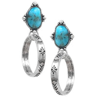 Western Fashion Hoop Earrings with Turquoise Howlite Stone, Burnished Silver Setting, 2.12