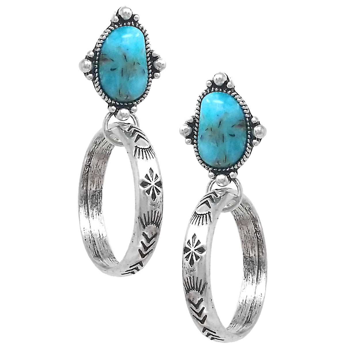 Western Fashion Hoop Earrings with Turquoise Howlite Stone, Burnished Silver Setting, 2.12
