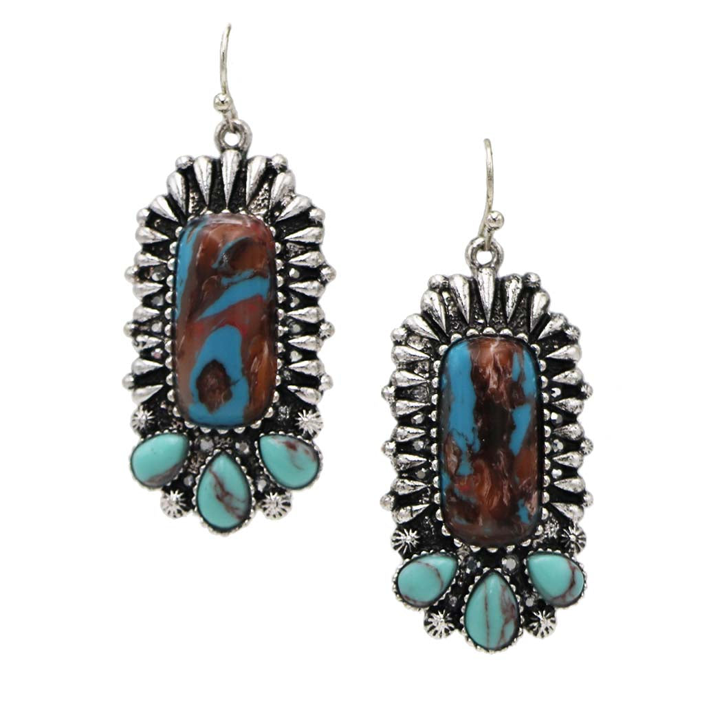 Cowgirl Chic Colorful Western Style Hand Stone Dangle Earrings, 2" (2" Burnished Silver Turq)