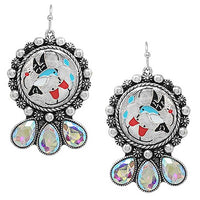 Western Hummingbird Dangle Earrings, Burnished Silver with AB Glass Crystal, 2 Inch
