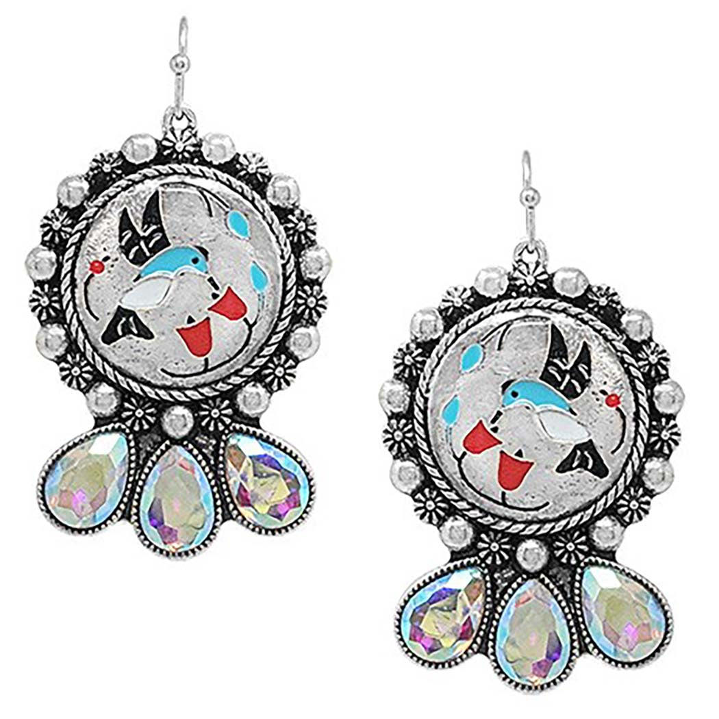 Western Hummingbird Dangle Earrings, Burnished Silver with AB Glass Crystal, 2 Inch
