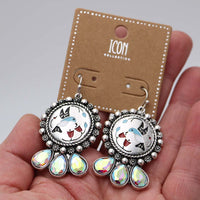 Western Hummingbird Dangle Earrings, Burnished Silver with AB Glass Crystal, 2 Inch
