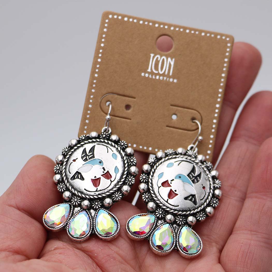 Western Hummingbird Dangle Earrings, Burnished Silver with AB Glass Crystal, 2 Inch