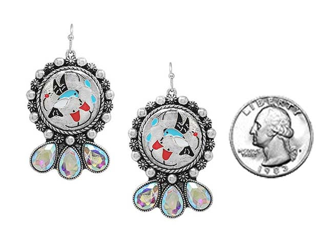 Western Hummingbird Dangle Earrings, Burnished Silver with AB Glass Crystal, 2 Inch