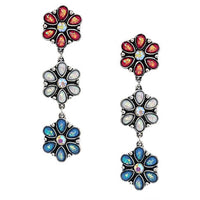 Triple Flower Drop Earrings, Red White and Blue Opalessent with AB Glass Crystals, Post Back, 2.92
